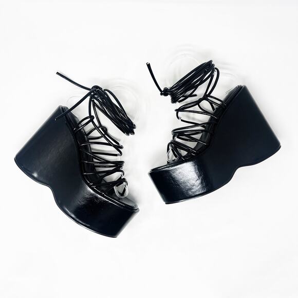 [Dolls Kill] SIMMI London Black Faux Leather Nolia Lace Up Platform Wedges Sz 6 - Picture 4 of 10